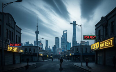 A haunting illustration of Shanghai's skyline at dusk, with empty streets below and flickering neon lights on shuttered buildings, symbolizing economic decline and demographic exodus in 2025.