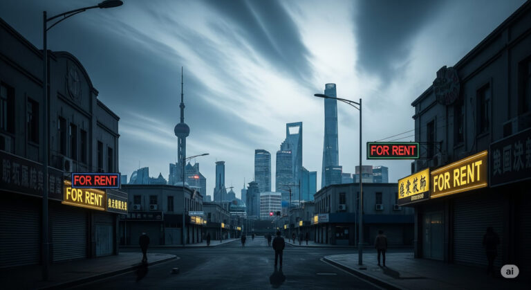 A haunting illustration of Shanghai's skyline at dusk, with empty streets below and flickering neon lights on shuttered buildings, symbolizing economic decline and demographic exodus in 2025.