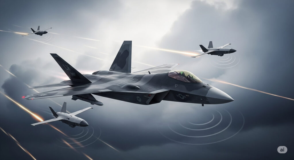 Illustration of US Air Force F-47 NGAD fighter with collaborative drones, highlighting sixth-gen aviation tech and military strategy.