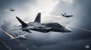 Illustration of US Air Force F-47 NGAD fighter with collaborative drones, highlighting sixth-gen aviation tech and military strategy.