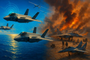 A dynamic illustration of U.S. fighter jets soaring over the Pacific, with faint silhouettes of Ukrainian airfields under attack, symbolizing lessons learned from Ukraine’s resilience for Pacific Air Forces’ strategy.