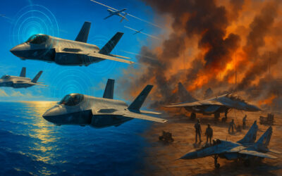 A dynamic illustration of U.S. fighter jets soaring over the Pacific, with faint silhouettes of Ukrainian airfields under attack, symbolizing lessons learned from Ukraine’s resilience for Pacific Air Forces’ strategy.