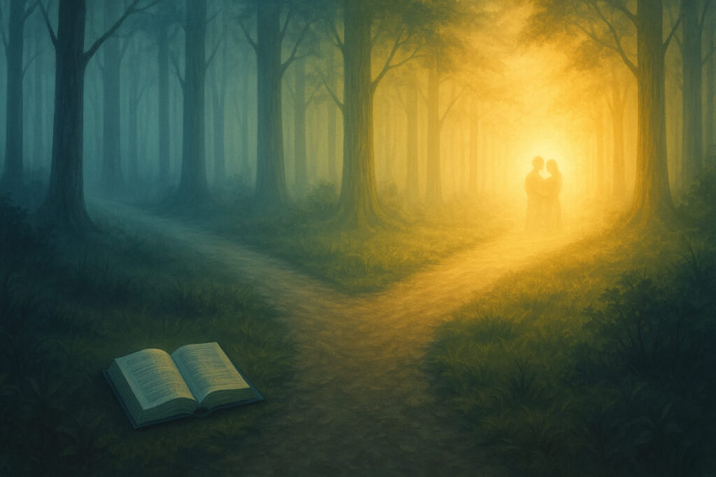 An ethereal illustration of two paths diverging in a luminous forest, symbolizing spiritual growth and the evolution of relationships in A Course in Miracles teachings.