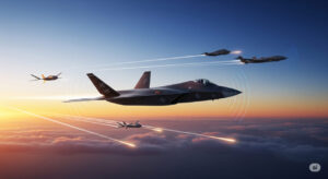 Digital illustration of the F-47 sixth-generation fighter jet with AI drones in formation, representing U.S. air power evolution and geopolitical strategy.