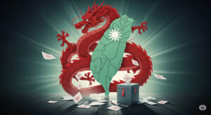 Illustration of Taiwan island with a red dragon shadow symbolizing CCP takeover threats, alongside recall vote imagery for blog on Taiwan politics.