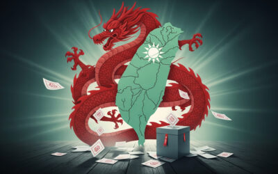 Illustration of Taiwan island with a red dragon shadow symbolizing CCP takeover threats, alongside recall vote imagery for blog on Taiwan politics.