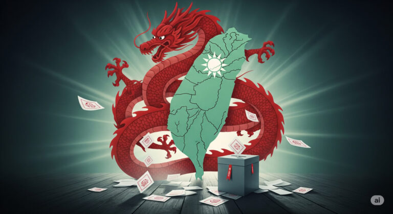 Illustration of Taiwan island with a red dragon shadow symbolizing CCP takeover threats, alongside recall vote imagery for blog on Taiwan politics.