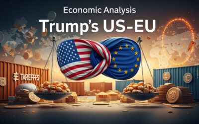Artistic rendering of American and European Union flags forming a tense handshake amid stacks of shipping containers and economic charts, representing the 2025 US-EU trade deal on tariffs.