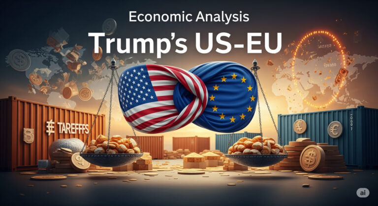 Artistic rendering of American and European Union flags forming a tense handshake amid stacks of shipping containers and economic charts, representing the 2025 US-EU trade deal on tariffs.