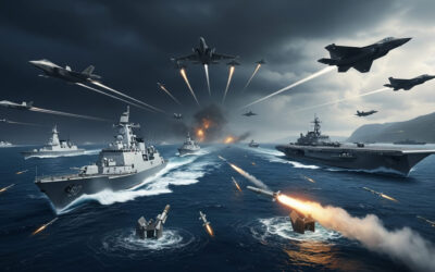 Digital artwork depicting Chinese naval ships crossing the Taiwan Strait under a stormy sky, with U.S. fighter jets and Taiwanese missile defenses in the foreground, representing the 2025 Indo-Pacific crisis.