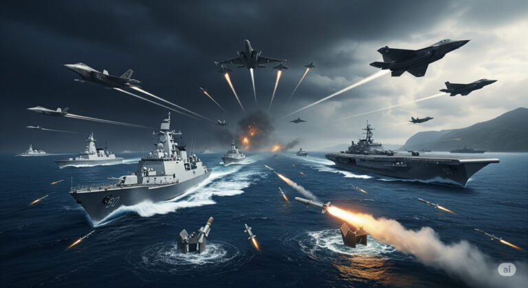 Digital artwork depicting Chinese naval ships crossing the Taiwan Strait under a stormy sky, with U.S. fighter jets and Taiwanese missile defenses in the foreground, representing the 2025 Indo-Pacific crisis.