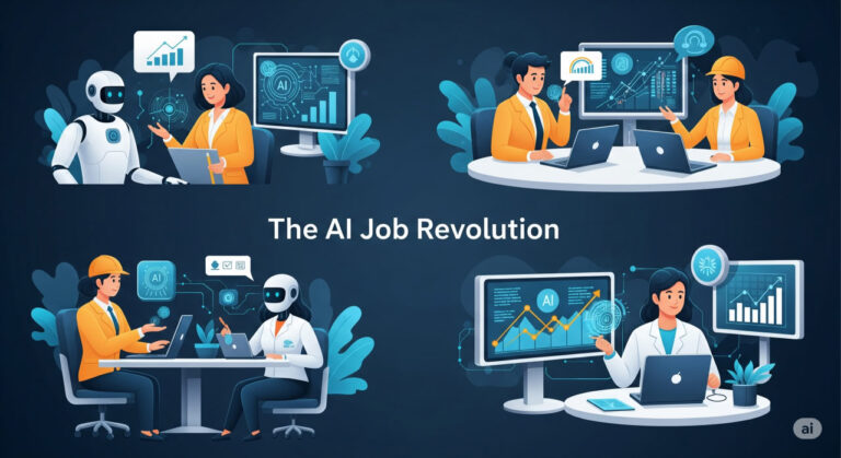 A four-panel illustration titled "The AI Job Revolution." Each panel depicts a different scene of collaboration between human workers and AI robots or systems in an office environment. The style is a modern, flat illustration with a blue and orange color palette. The top-left panel shows a woman at a desk with a robot assistant. The top-right panel features a man and a woman analyzing data on a large screen with AI assistance. The bottom-left panel shows a woman in a hard hat and another woman in a futuristic helmet working on laptops with an AI interface. The bottom-right panel shows a woman using a laptop and looking at a large screen displaying AI-driven analytics.