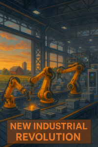 A modern factory with robotic arms and advanced machinery in a rural setting, symbolizing America’s AI-driven industrial future.