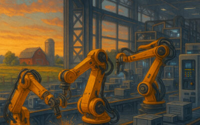 A modern factory with robotic arms and advanced machinery in a rural setting, symbolizing America’s AI-driven industrial future.
