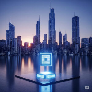 Futuristic cityscape with glowing skyscrapers and a magnified transistor hovering over a silicon wafer, symbolizing the 0.2nm chip revolution.