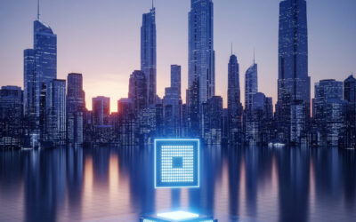 Futuristic cityscape with glowing skyscrapers and a magnified transistor hovering over a silicon wafer, symbolizing the 0.2nm chip revolution.