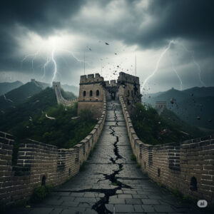 A dramatic illustration of a crumbling Great Wall overlooking a chaotic Chinese city, representing the looming threat of China’s economic and political collapse.
