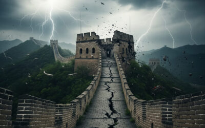 A dramatic illustration of a crumbling Great Wall overlooking a chaotic Chinese city, representing the looming threat of China’s economic and political collapse.