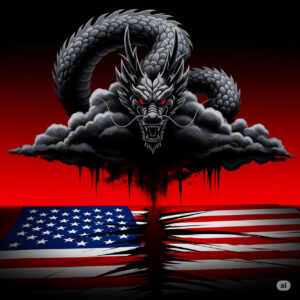 A dramatic illustration of a dragon-shaped cloud over a tattered American flag, representing China’s geopolitical ambitions and espionage against the United States.