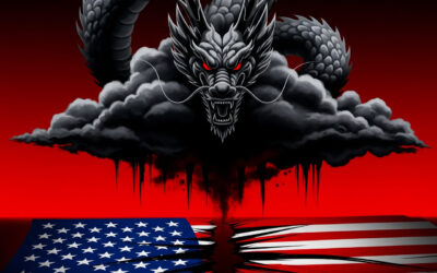 A dramatic illustration of a dragon-shaped cloud over a tattered American flag, representing China’s geopolitical ambitions and espionage against the United States.