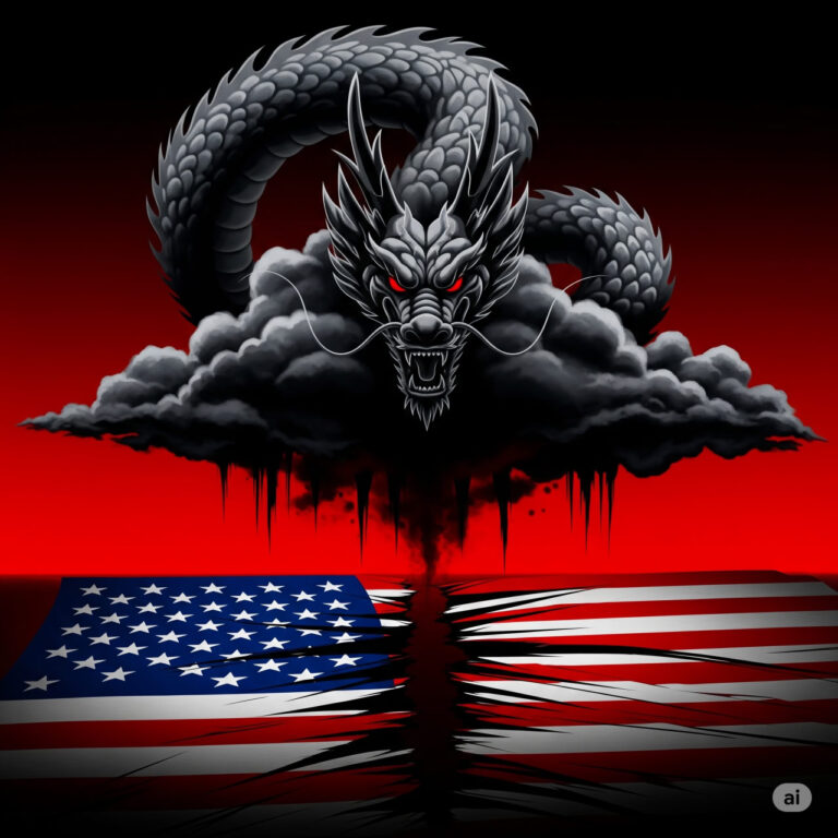 A dramatic illustration of a dragon-shaped cloud over a tattered American flag, representing China’s geopolitical ambitions and espionage against the United States.