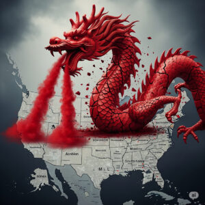 A broken Chinese dragon statue over a U.S. map, representing Xi Jinping’s faltering regime and China’s covert attacks on American soil.