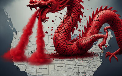 A broken Chinese dragon statue over a U.S. map, representing Xi Jinping’s faltering regime and China’s covert attacks on American soil.