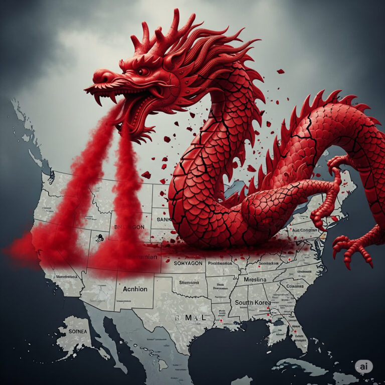 A broken Chinese dragon statue over a U.S. map, representing Xi Jinping’s faltering regime and China’s covert attacks on American soil.