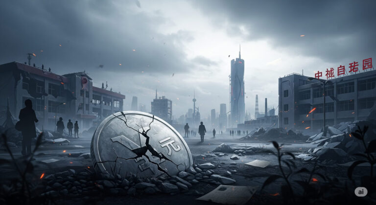 Illustration of a cracked yuan coin in a deserted Chinese city with empty schools and factories under a stormy sky, symbolizing economic and demographic collapse.