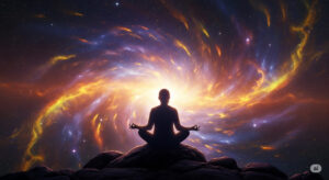 A serene figure meditates under a glowing, limitless sky, symbolizing spiritual freedom and enlightenment.