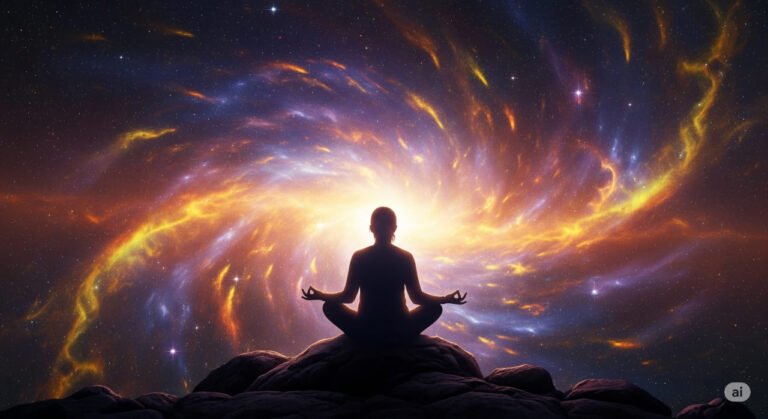A serene figure meditates under a glowing, limitless sky, symbolizing spiritual freedom and enlightenment.