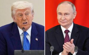 A side-by-side image featuring Donald Trump on the left, speaking at a podium with a blue suit, red tie, and American flag pin, and Vladimir Putin on the right, seated with clasped hands, wearing a dark suit and red tie against a red backdrop.