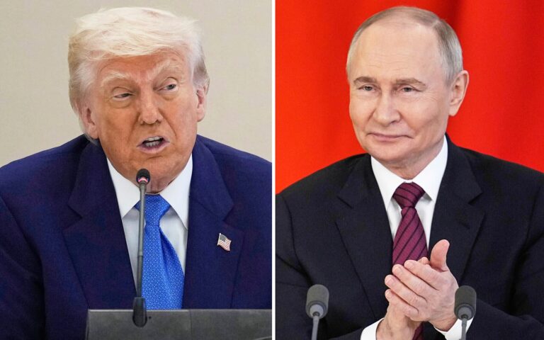 A side-by-side image featuring Donald Trump on the left, speaking at a podium with a blue suit, red tie, and American flag pin, and Vladimir Putin on the right, seated with clasped hands, wearing a dark suit and red tie against a red backdrop.