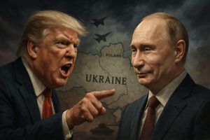 Digital illustration of Trump pointing angrily at a smirking Putin, set against a map of Eastern Europe and Ukraine with military silhouettes under a stormy sky.