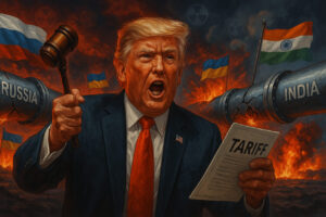 A symbolic illustration showing President Trump imposing tariffs, with Russian oil pipelines leading to India under a stormy geopolitical sky, representing pressure on the Ukraine war.