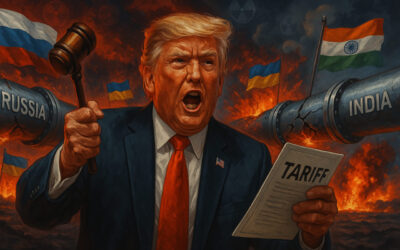 A symbolic illustration showing President Trump imposing tariffs, with Russian oil pipelines leading to India under a stormy geopolitical sky, representing pressure on the Ukraine war.