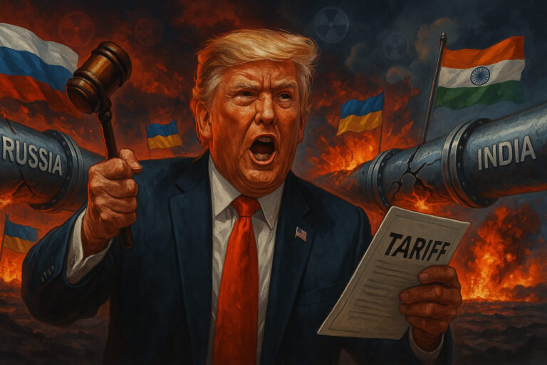 A symbolic illustration showing President Trump imposing tariffs, with Russian oil pipelines leading to India under a stormy geopolitical sky, representing pressure on the Ukraine war.