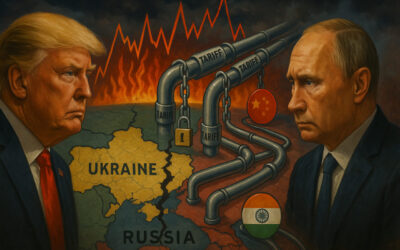 A dramatic illustration showing President Donald Trump facing off against Vladimir Putin across a fractured map of Ukraine, with tariff symbols and oil barrels in the foreground representing economic sanctions.