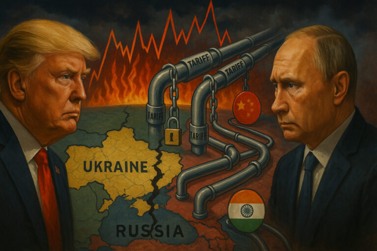 A dramatic illustration showing President Donald Trump facing off against Vladimir Putin across a fractured map of Ukraine, with tariff symbols and oil barrels in the foreground representing economic sanctions.