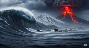 A dramatic illustration of massive tsunami waves crashing against a rugged Russian coastline with a submarine base in the distance, under a sky darkened by volcanic ash and erupting lava in the background.