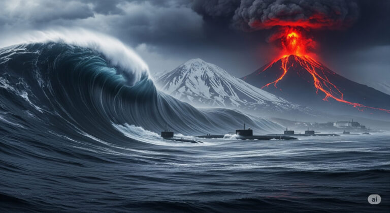 A dramatic illustration of massive tsunami waves crashing against a rugged Russian coastline with a submarine base in the distance, under a sky darkened by volcanic ash and erupting lava in the background.
