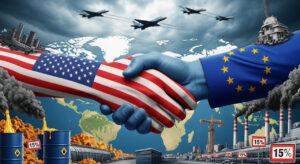 A symbolic illustration of American and European flags intertwined in a handshake, with stacks of gold coins and shipping containers in the background, representing the massive 2025 trade deal between the USA and EU.