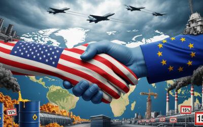 A symbolic illustration of American and European flags intertwined in a handshake, with stacks of gold coins and shipping containers in the background, representing the massive 2025 trade deal between the USA and EU.