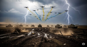 A dramatic illustration of Ukrainian drones swarming over a stalled Russian tank convoy under a stormy sky, symbolizing the technological shift in modern conflict.