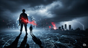 A futuristic illustration of Ukrainian drones swarming over a battlefield with innovative tech elements like circuit boards and rapid prototypes in the foreground, symbolizing speed warfare against Russian forces.