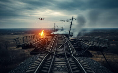 A dramatic image of a damaged railway bridge under a stormy sky, symbolizing Ukraine’s strategic strikes on Russian supply lines.