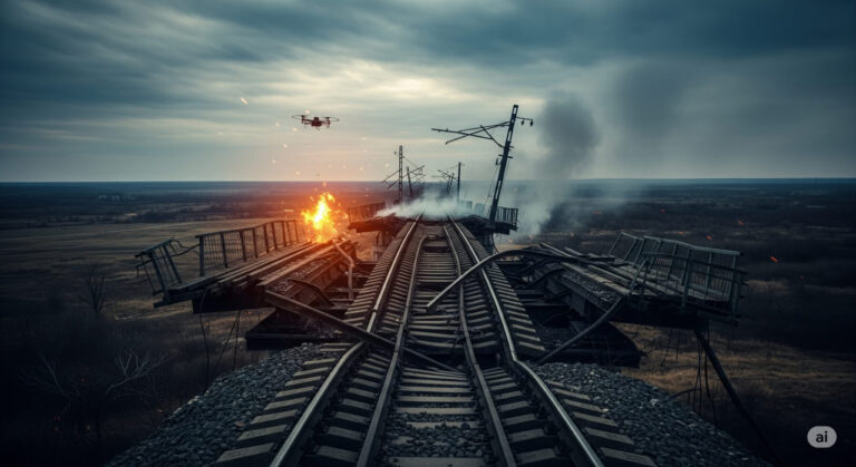 A dramatic image of a damaged railway bridge under a stormy sky, symbolizing Ukraine’s strategic strikes on Russian supply lines.