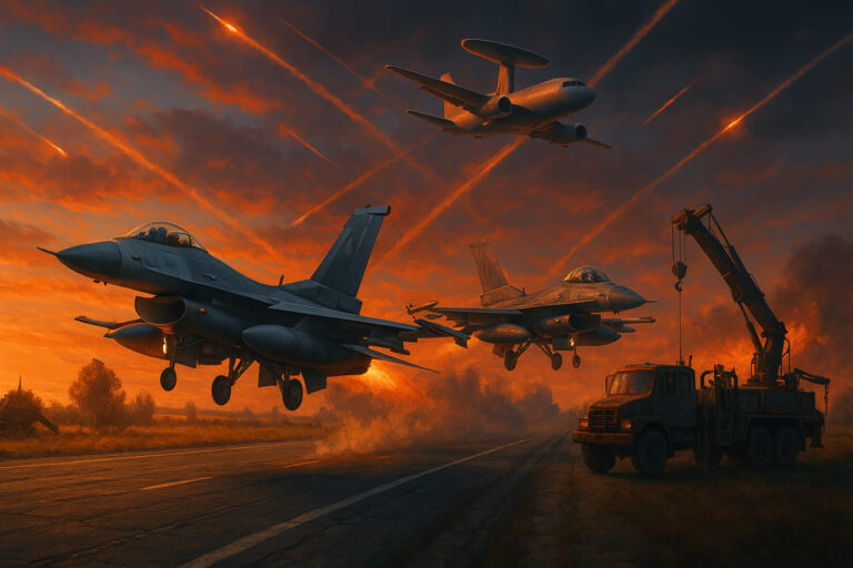A dynamic illustration of Ukrainian F-16 jets taking off from a highway airstrip, supported by mobile maintenance trucks and a Saab radar plane overhead, amid a dramatic war-torn landscape.