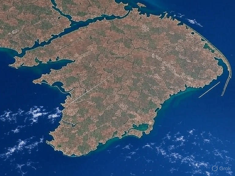 Satellite image of Crimea showing strategic chokepoints like the Perekop Isthmus and Kerch Strait, illustrating Ukraine's potential siege tactics against Russian control.
