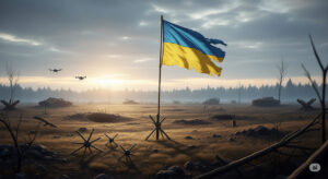 Digital illustration of a tattered Ukrainian flag fluttering in the wind against a backdrop of ruined buildings and a rising sun, representing national resilience during the Russia-Ukraine war.